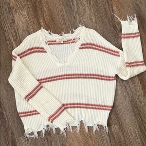 V-Neck Frayed Hem Sweater - Cream with pink, orange, purple stripes